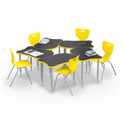Fender-Desks-5-Pod-w-Hierarchy-4-Leg-Chairs---edge-band-yellow---top-graphite-nebula