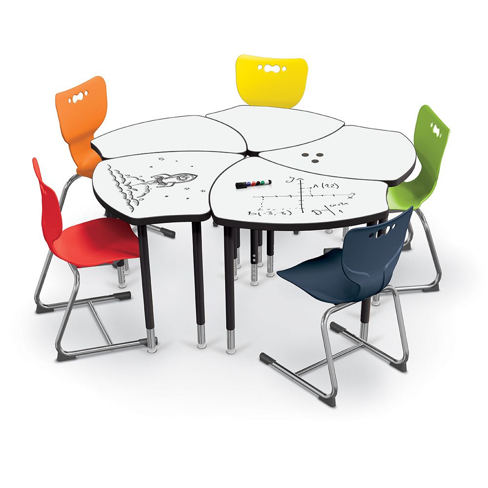 Pod of Hierarchy shapes desks with dry erase tops by MooreCo